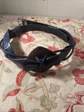 LeatherBraided Navy Leather Belt with Decorative Brown Buckle